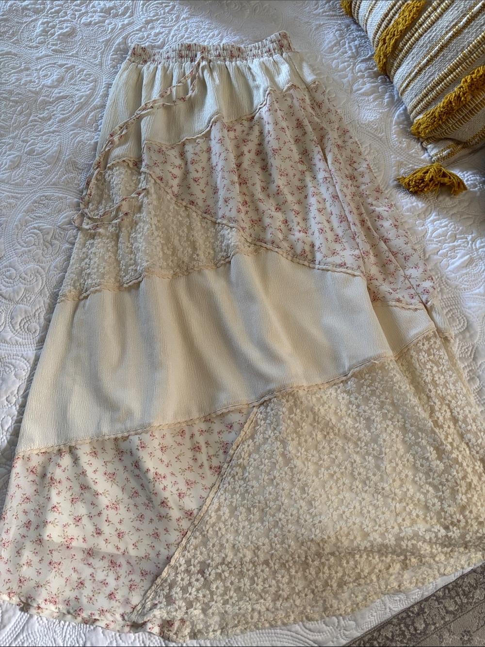 Altar'd State Cream Maxi Skirt with Pink Floral Patchwork